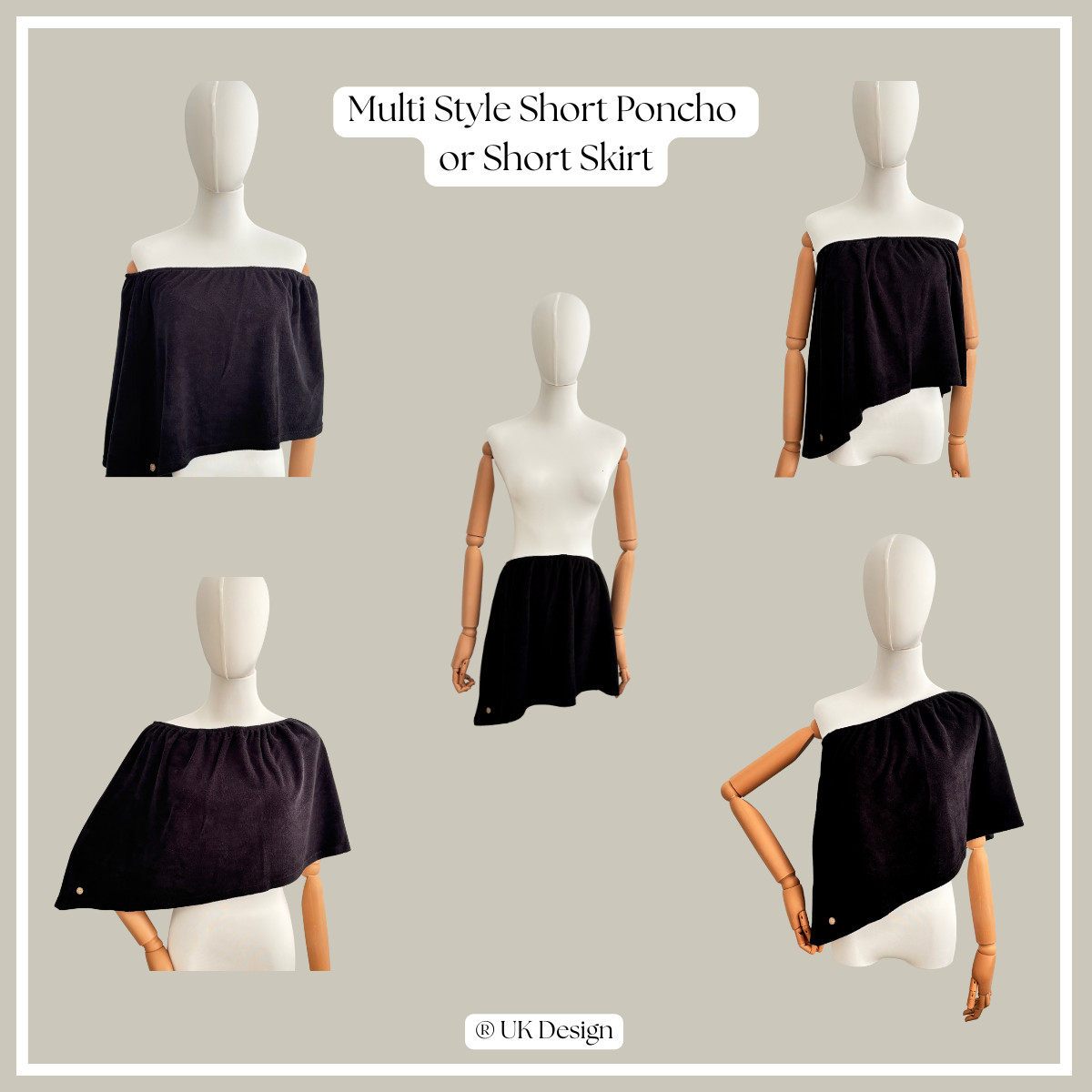 Multi style short towelling poncho in lightweight fabric