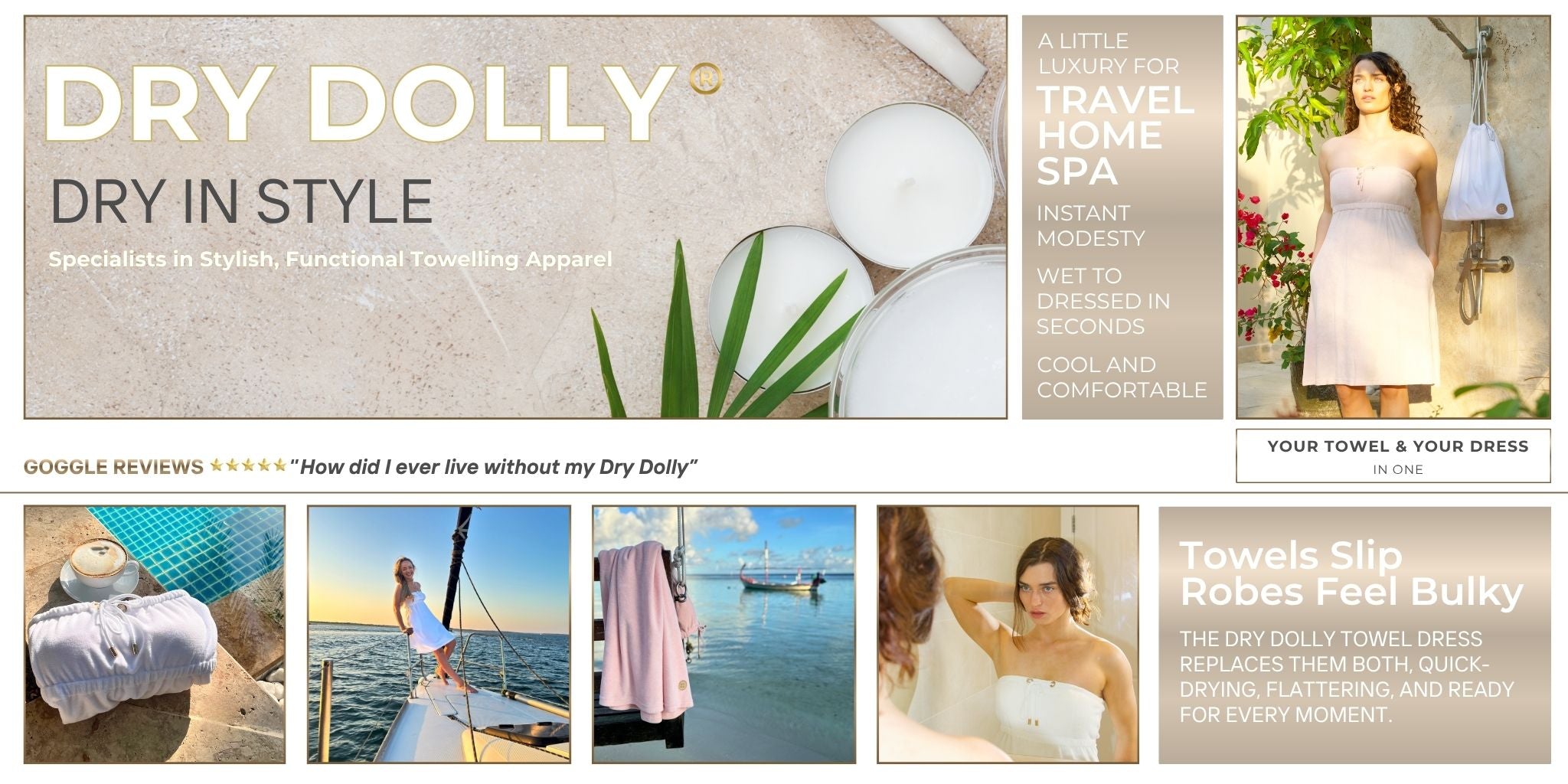 Dry Dolly towel dress homepage banner for the UK — showcasing the stylish drying dress for travel, home, and spa use with the tagline “Dry In Style.”